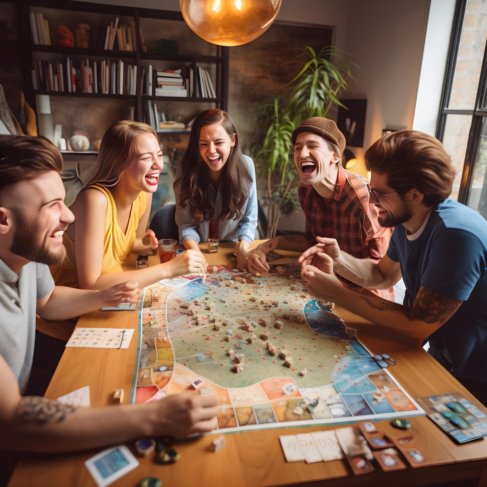 Cinco amigos rindo ao redor de um jogo de tabuleiro ilustrado sobre uma mesa de madeira