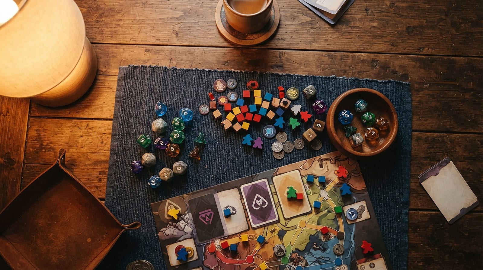 Vista de cima de dados, meeples e um jogo de tabuleiro montados sobre uma mesa de madeira