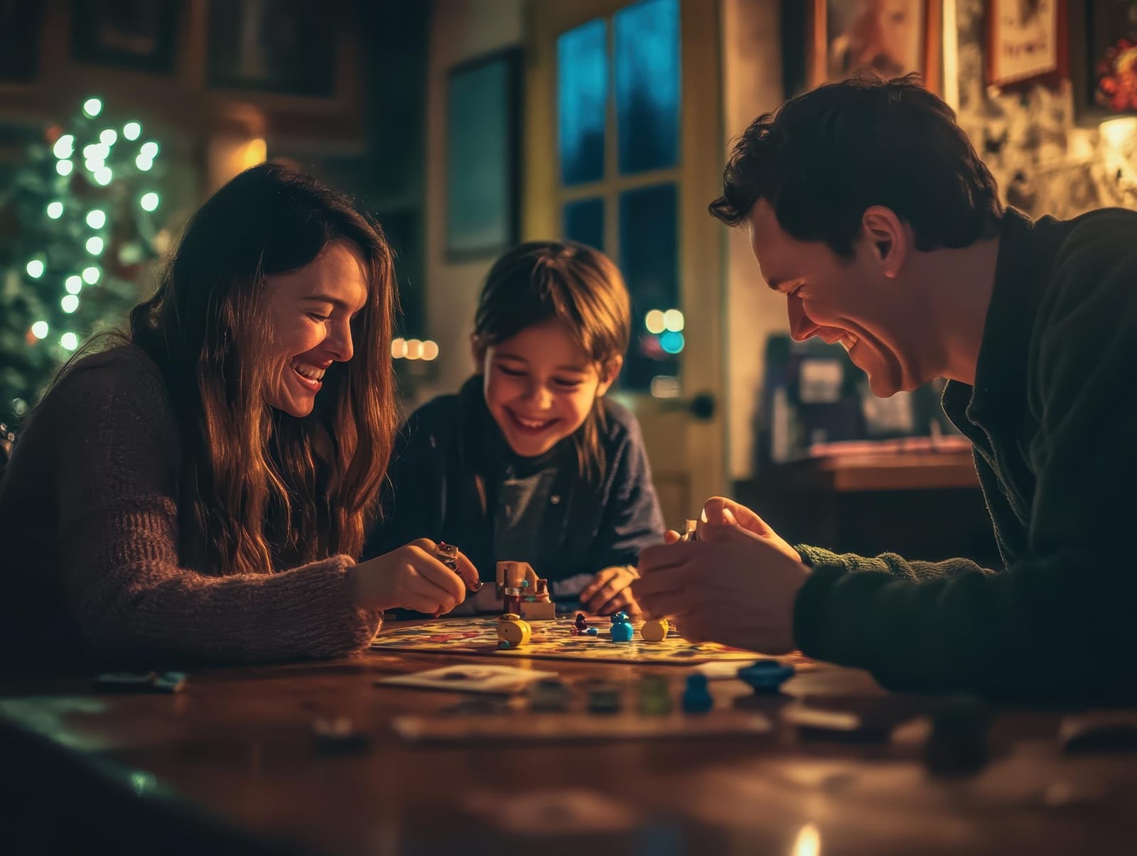 Família reunida rindo em torno de um jogo de tabuleiro em casa à noite