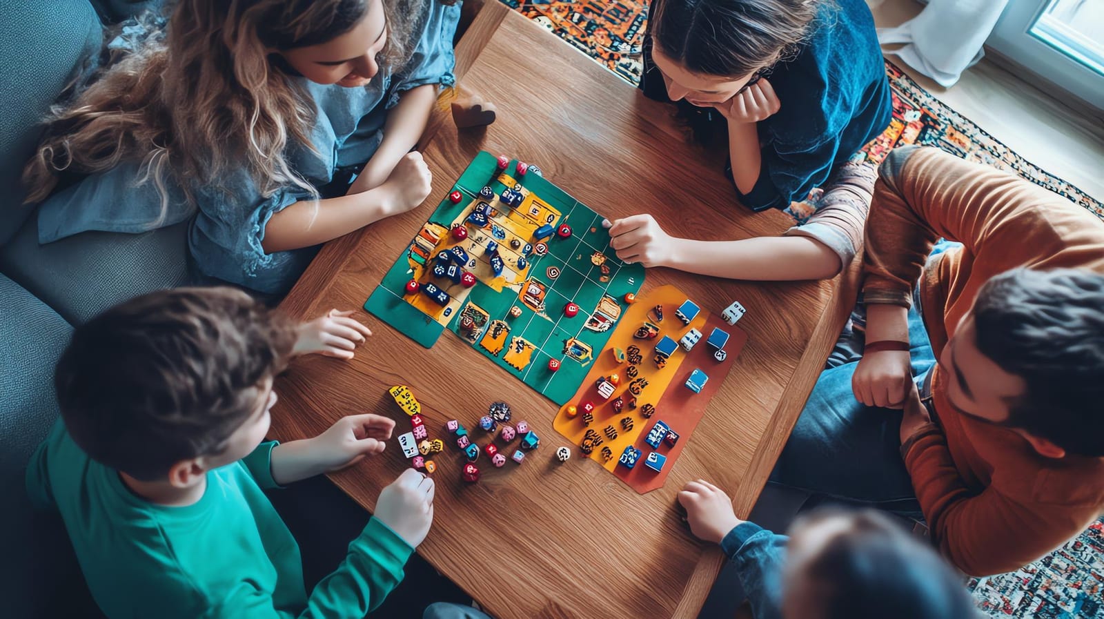 Vista de cima de quatro pessoas jogando um jogo de tabuleiro colorido com dados